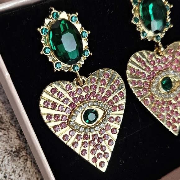 Mystical Evil Eye Glass Dangling Crystals Rhinestone Earrings Pink Green Gold - Picture 5 of 6